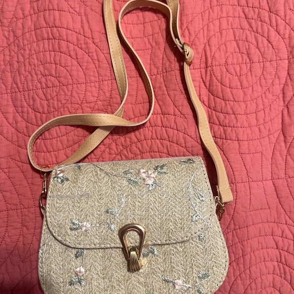 claire Singapore Handbags - Embroidered Beige Crossbody Bag with Gold Accent